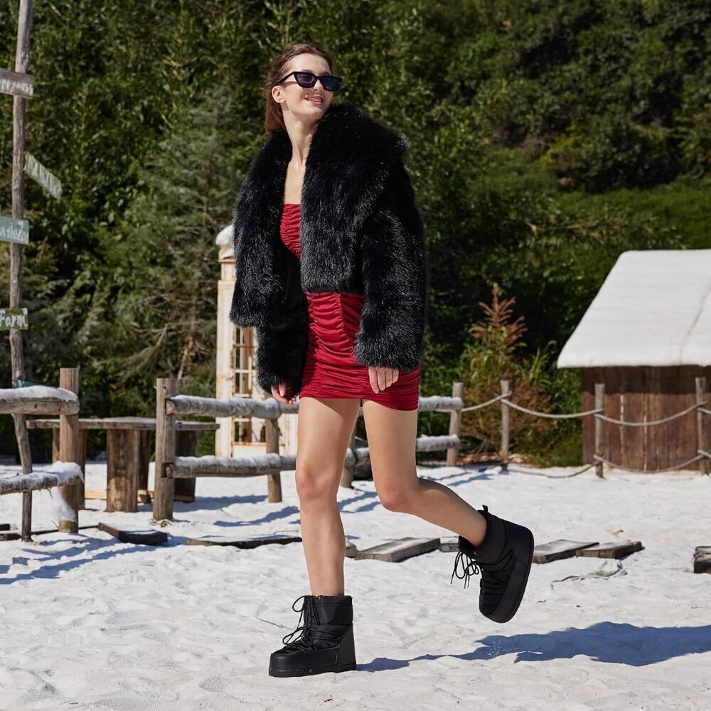 Women's Black Winter Snow Boots Anti-Slip Lace-up Ankle Booties with Lining - Picture 6 of 6